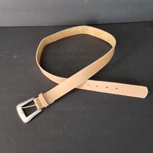Basic Editions Tan Leather Belt Silver Engraved Buckle Contrast Stitching Size L